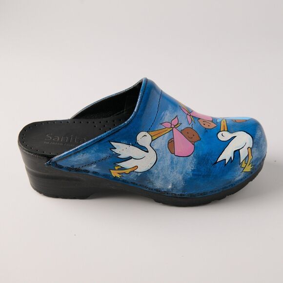 Sanita Hand Painted Stork Baby Clogs Sz 37 EU Nurse RN Midwife Shoes Denmark - Picture 10 of 15